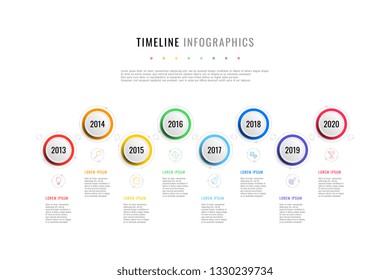 horizontal business timeline with 8 round elements, year indication and text boxes on white background. realistic 3d paper cut infographic. modern vector company presentation slide template. eps 10