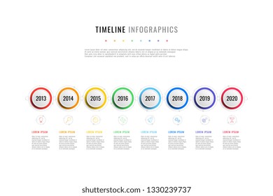 horizontal business timeline with 8 round elements, year indication and text boxes on white background. realistic 3d paper cut infographic. modern vector company presentation slide template. eps 10