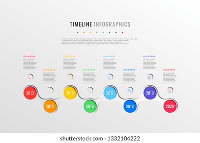 horizontal business timeline with 8 round elements, year indication and text boxes on white background. realistic 3d paper cut infographics template. modern vector company history presentation. eps 10