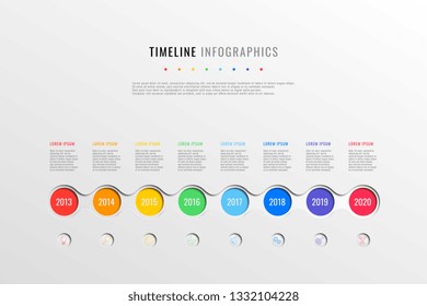 horizontal business timeline with 8 round elements, year indication and text boxes on white background. realistic 3d paper cut infographics template. modern vector company history presentation. eps 10