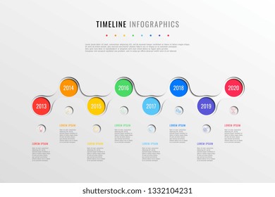 horizontal business timeline with 8 round elements, year indication and text boxes on white background. realistic 3d paper cut infographics template. modern vector company history presentation. eps 10