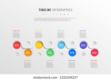 horizontal business timeline with 8 round elements, year indication and text boxes on white background. realistic 3d paper cut infographics template. modern vector company history presentation. eps 10