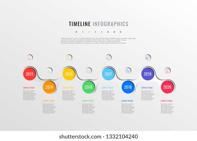 horizontal business timeline with 8 round elements, year indication and text boxes on white background. realistic 3d paper cut infographics template. modern vector company history presentation. eps 10