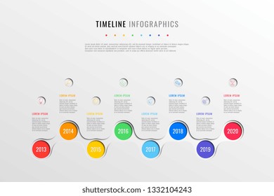 horizontal business timeline with 8 round elements, year indication and text boxes on white background. realistic 3d paper cut infographics template. modern vector company history presentation. eps 10