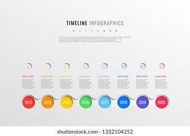 horizontal business timeline with 8 round elements, year indication and text boxes on white background. realistic 3d paper cut infographics template. modern vector company history presentation. eps 10