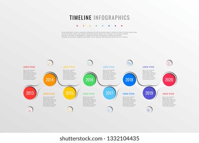 horizontal business timeline with 8 round elements, year indication and text boxes on white background. realistic 3d paper cut infographics template. modern vector company history presentation. eps 10