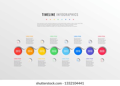 horizontal business timeline with 8 round elements, year indication and text boxes on white background. realistic 3d paper cut infographics template. modern vector company history presentation. eps 10