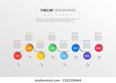 horizontal business timeline with 8 round elements, year indication and text boxes on white background. realistic 3d paper cut infographics template. modern vector company history presentation. eps 10
