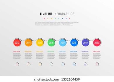 horizontal business timeline with 8 round elements, year indication and text boxes on white background. realistic 3d paper cut infographics template. modern vector company history presentation. eps 10