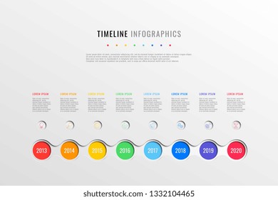 horizontal business timeline with 8 round elements, year indication and text boxes on white background. realistic 3d paper cut infographics template. modern vector company history presentation. eps 10