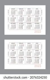 Calendario horizontal para 2 años - 2022, 2023. Cuadrícula de calendario simple aislada en un fondo blanco, de domingo a lunes, plantilla de negocio. Calendario anual listo para imprimir. Ilustración vectorial.