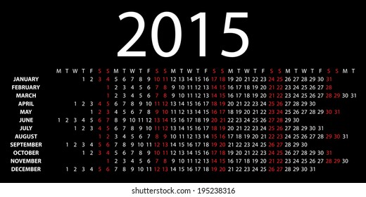 Horizontal calendar for 2015 on black background. Vector EPS10.