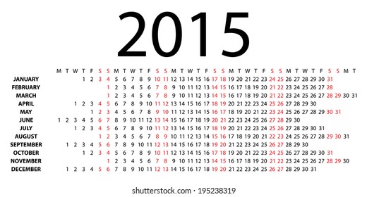 Horizontal calendar for 2015 on white background. Vector EPS10.