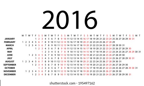 Horizontal calendar for 2016 on white background. Vector EPS10.