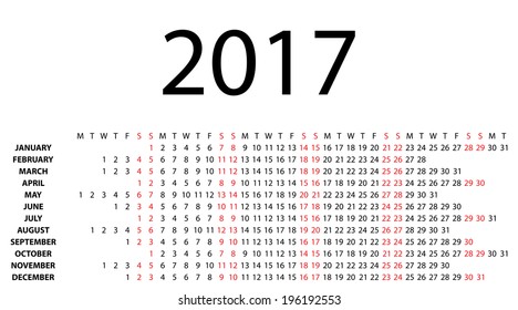 Horizontal calendar for 2017 on white background. Vector EPS10.