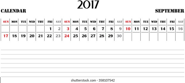 horizontal calendar for 2017 on white background. September