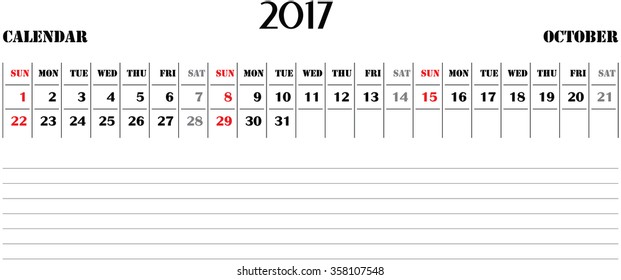 horizontal calendar for 2017 on white background. October