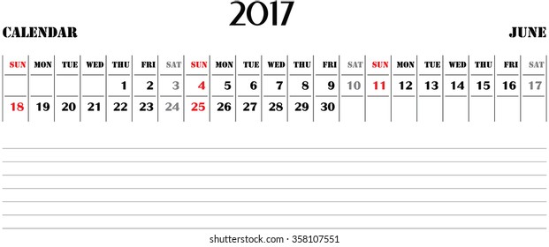 horizontal calendar for 2017 on white background. June