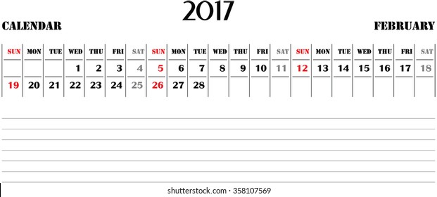 horizontal calendar for 2017 on white background. February