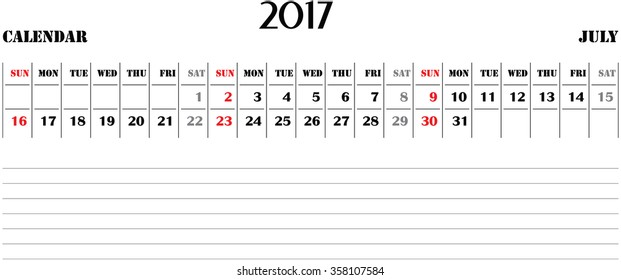 horizontal calendar for 2017 on white background. July