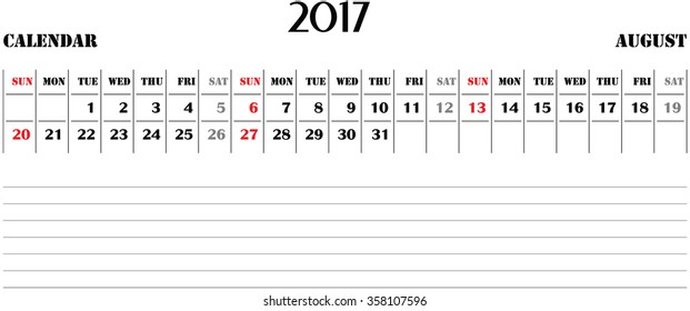 horizontal calendar for 2017 on white background. August