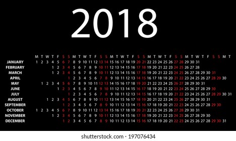 Horizontal calendar for 2018 on black background. Vector EPS10.