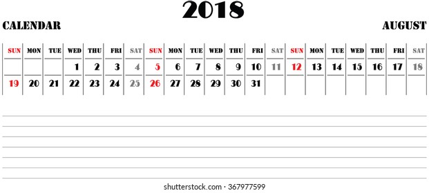 horizontal, calendar 2018, vector, August