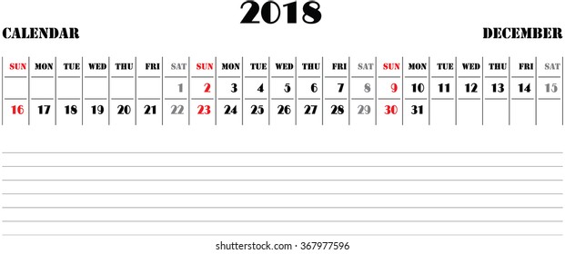 horizontal, calendar 2018, vector, December