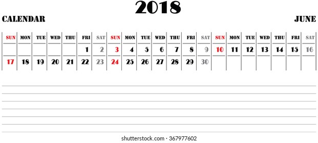 horizontal, calendar 2018, vector, June