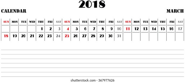 horizontal, calendar 2018, vector, March