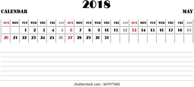 horizontal, calendar 2018, vector, May