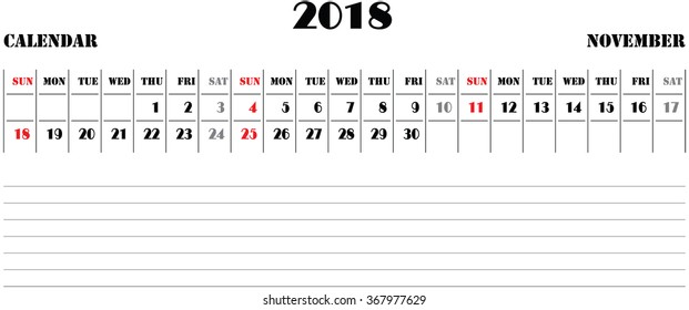 horizontal, calendar 2018, vector, November