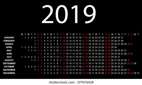 Horizontal calendar for 2019 on black background. Vector EPS10.