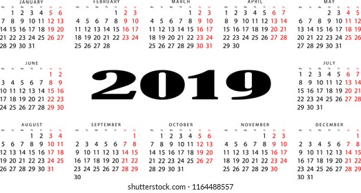 The horizontal calendar for 2019. Output is highlighted in red