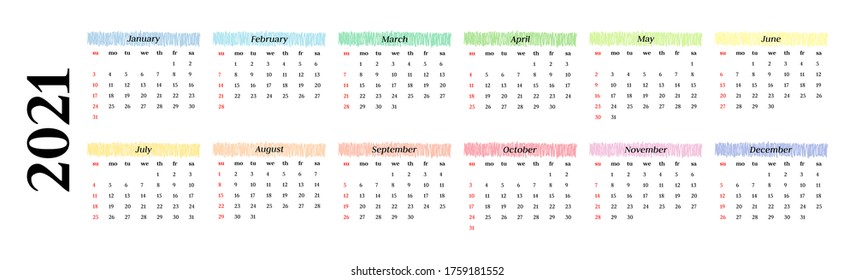 Horizontal calendar for 2021 isolated on a white background. Sunday to Monday, business template. Vector illustration