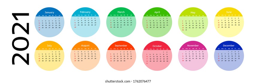Horizontal calendar for 2021 isolated on a white background. Sunday to Monday, business template. Vector illustration
