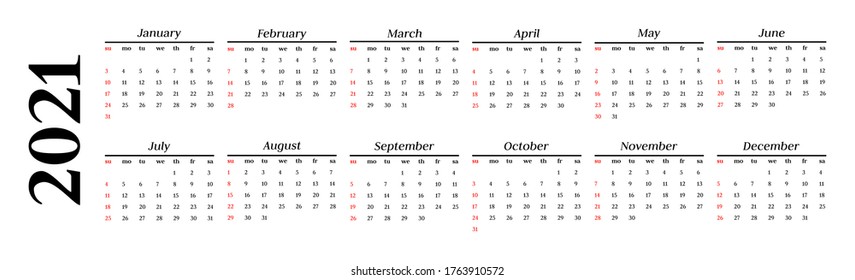 Horizontal calendar for 2021 isolated on a white background. Sunday to Monday, business template. Vector illustration