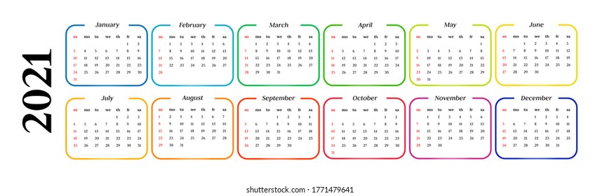 Horizontal calendar for 2021 isolated on a white background. Sunday to Monday, business template. Vector illustration