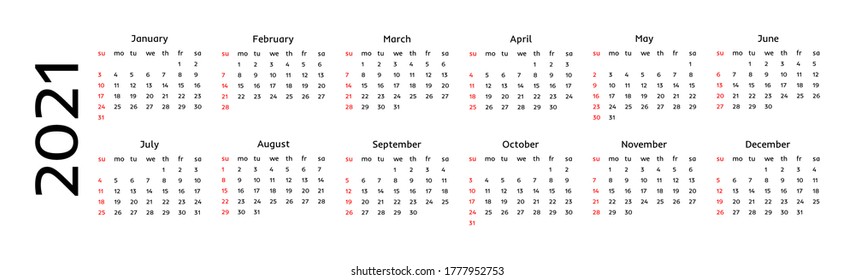 Horizontal calendar for 2021 isolated on a white background. Sunday to Monday, business template. Vector illustration