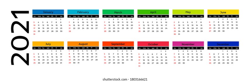 Horizontal calendar for 2021 isolated on a white background. Sunday to Monday, business template. Vector illustration