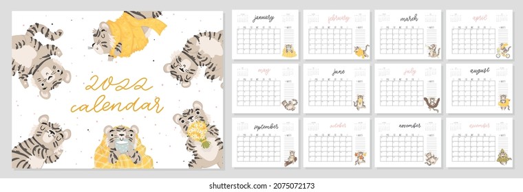 Horizontal calendar 2022 with cute tigers. The year of the tiger according to the Chinese calendar. Cover and 12 pages with seasonal illustrations. Week starts on Sunday. 