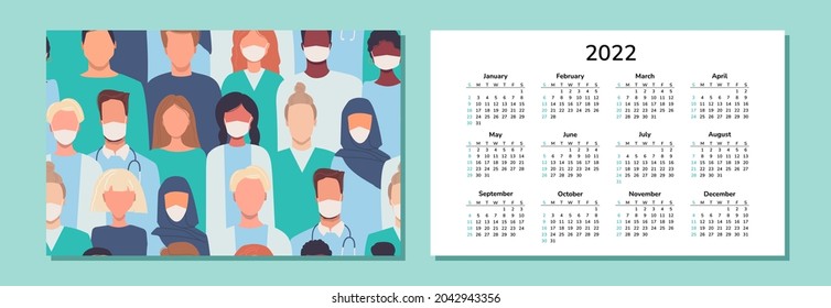 Calendario horizontal 2022. Médicos. Feliz Año Nuevo. Calendario de bolsillo de mesa de escritorio con personal médico, médicos, enfermeras con máscaras. Personas de diferentes nacionalidades. Sociedad multiétnica y multicultural