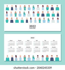 Horizontal calendar 2022. Doctors and nurses. Happy New Year. Wall, desk, table or pocket calendar with medical staff in masks. Set of isolated vector illustrations. Working in hospital. Coronavirus