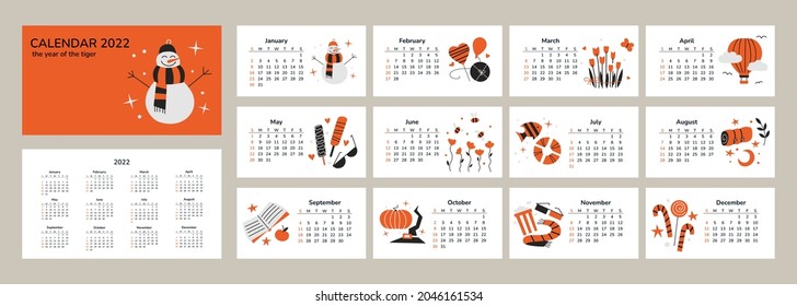 Horizontal calendar 2022. Happy New Year 2022. Merry Christmas. Tiger year. Desk table calendar. Clip art isolated vector elements. Weather and Seasons. Love flowers traveling food holidays hobbies