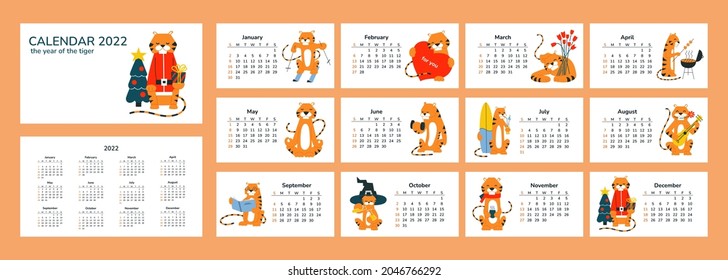 Horizontal calendar 2022. Happy New Year. Merry Christmas. Tiger year. Chinese horoscope. Vector isolated cartoon smiling tigers. Seasons sport love hobbies vacation holidays. Week starts on Sunday