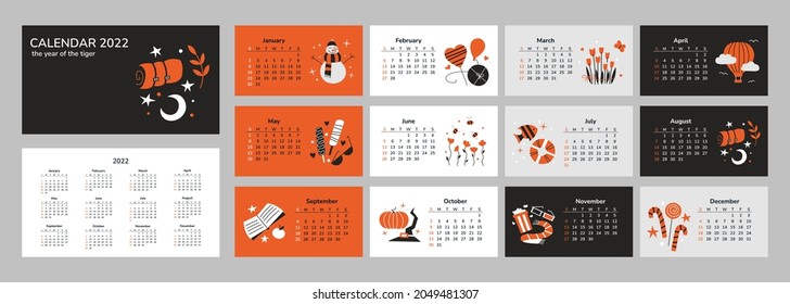 Horizontal calendar 2022. Happy New Year 2022. Tiger year. Desk table corporate planner vector template. Pages and cover. Seasons love flowers traveling food holidays hobbies. Week starts on Sunday