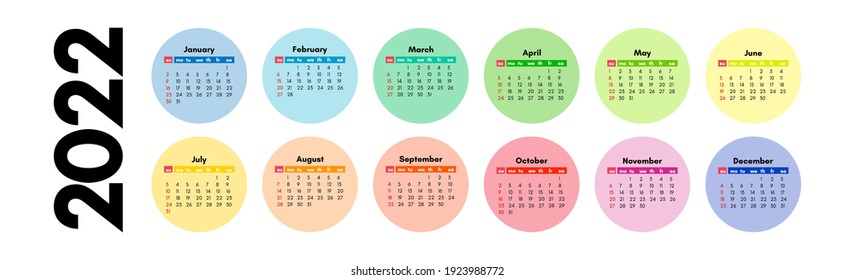 Horizontal calendar for 2022 isolated on a white background. Sunday to Monday, business template. Vector illustration