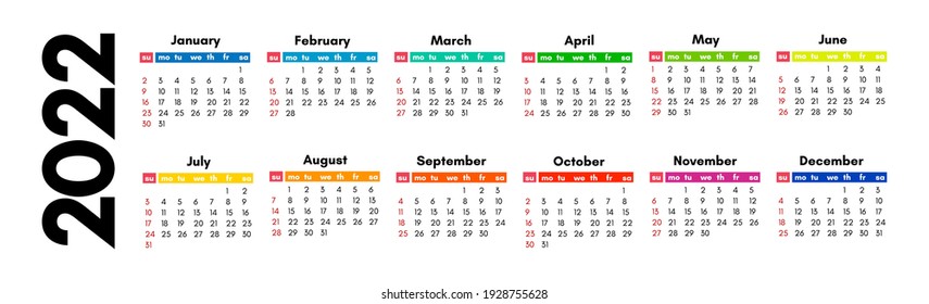 Horizontal calendar for 2022 isolated on a white background. Sunday to Monday, business template. Vector illustration