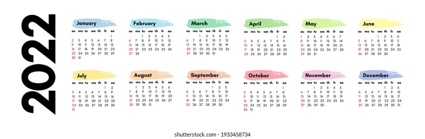 Horizontal calendar for 2022 isolated on a white background. Sunday to Monday, business template. Vector illustration