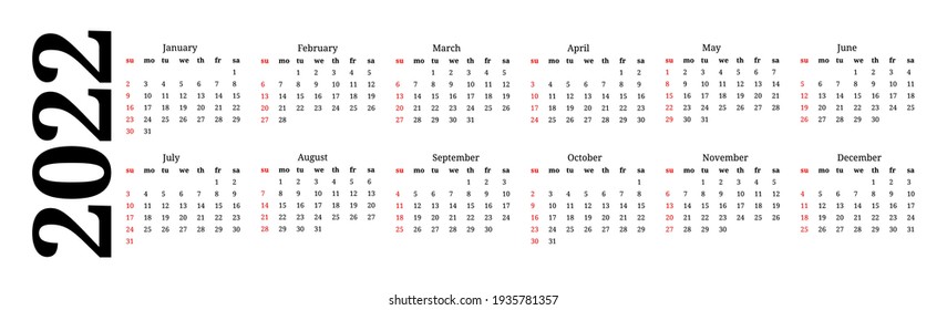 Calendario horizontal para 2022 aislado en un fondo blanco. De domingo a lunes, plantilla de negocios. Ilustración del vector